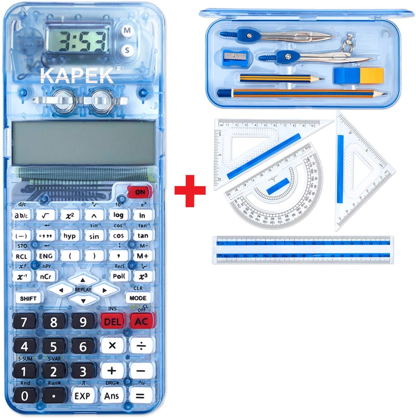 KAPEK Scientific Calculator + Math Set for Schools, Blue