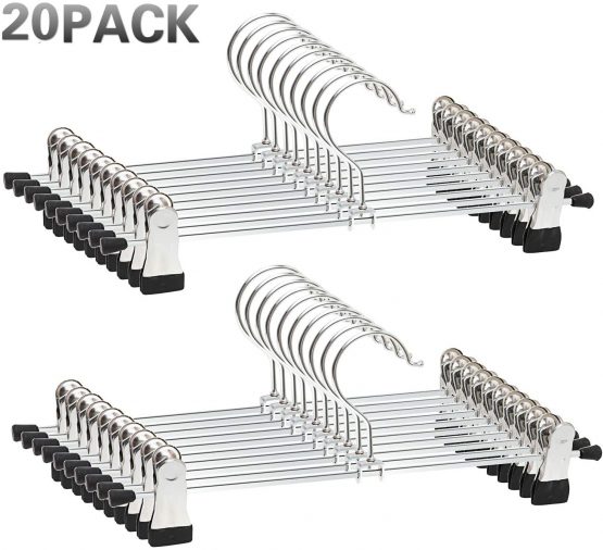 Trouser Hangers, 20 Pack Skirt Hangers with Adjustment Metal Grip Pant Hangers for Heavy Duty Durable Space Saving, Silver