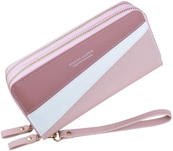 Ladies Purse Wallet with Double Zipper Coin Purse PU Leather Phone Wallet for Women Large Capacity Long Clutch Wallet with Multiple Card Slots Wristlet Wallet (Pink3)