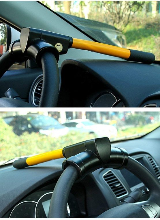MEETOZ Universal Security Anti Theft Retractable Heavy Duty Car Steering Wheel Lock with 2 Keys - Yellow - Image 2
