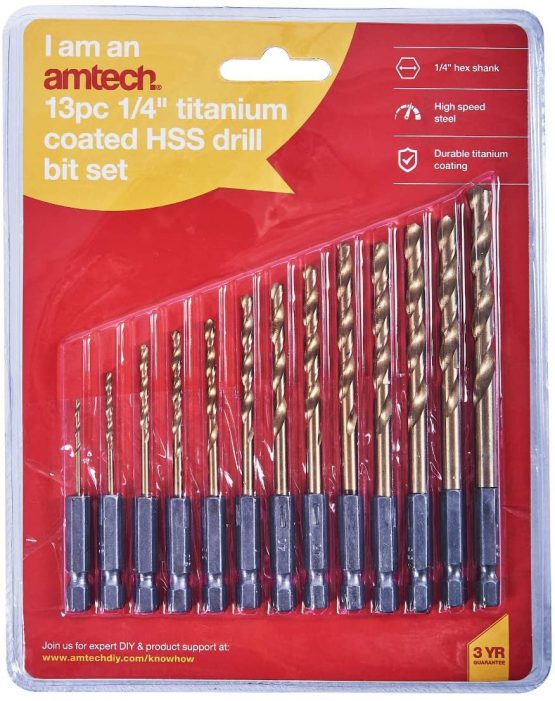 Amtech F1120 13 Piece 6.25mm (1/4") Titanium Coated high Speed Steel (HSS) Drill bit Set - Image 3