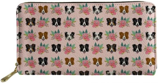 Coloranimal Travel Passports Business Credit Card Organizer PU Leather Long Wallet Bag for Women Border Collie Floral Clutch Pouch Purse