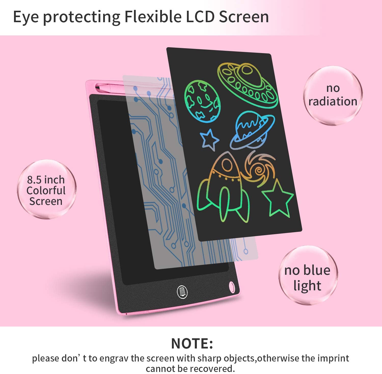 HOMESTEC Drawing Toys, Girls Gifts, Colored LCD Writing Tablet, 8.5 inch Educational Doodled Pad, Kids Sensory Learning (Pink) - Image 2