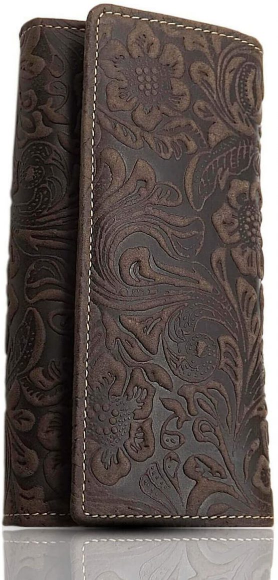 Large Leather Womens Purse with Beautiful Liana Pattern with fold-Out Compartment with RFID & NFC Blocking (Brown)