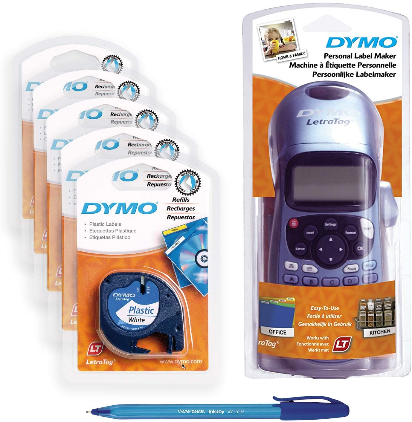 5 x Dymo LetraTag Plastic Label Tape (91201), 12 mm x 4 m Roll, White