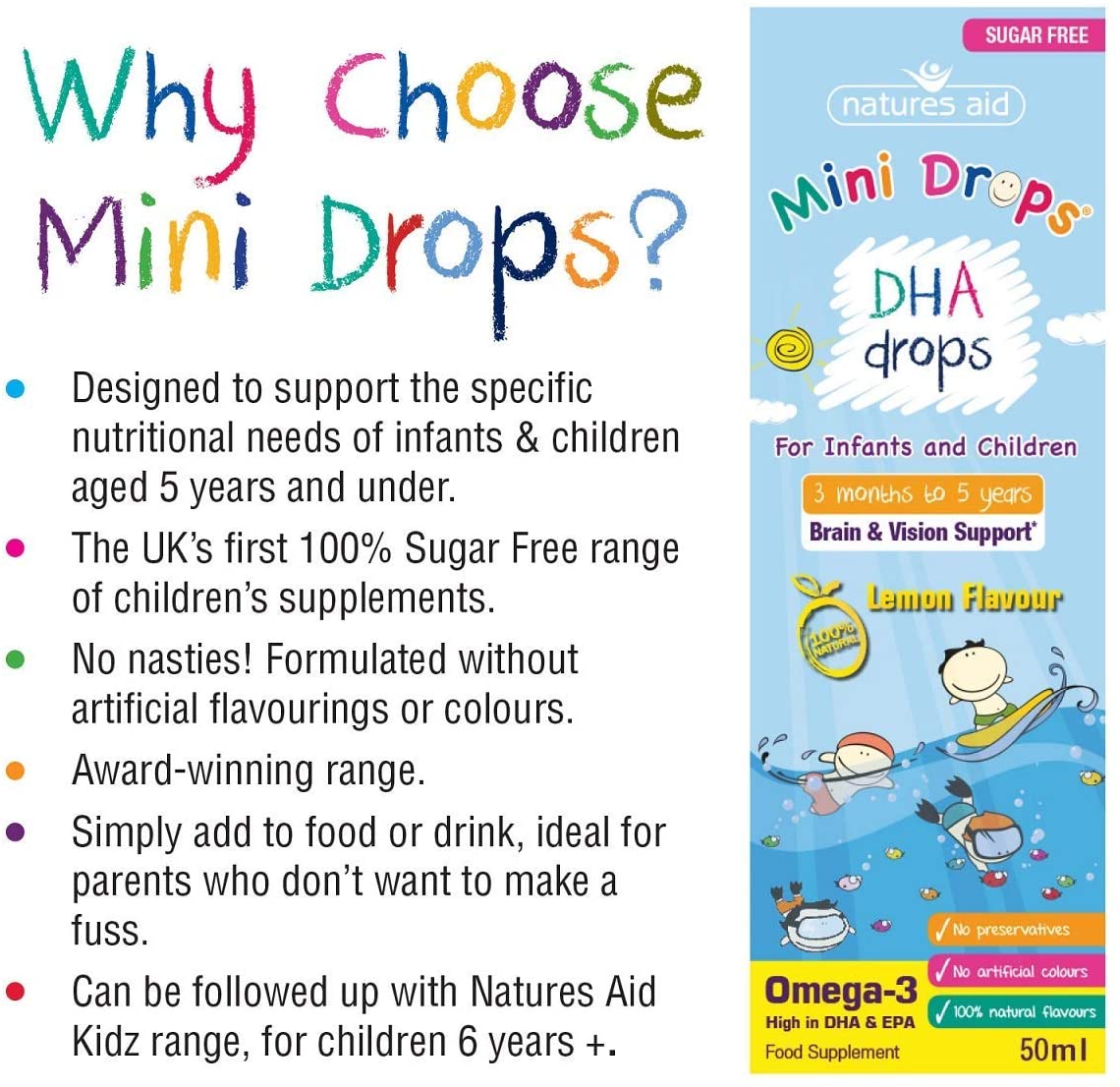 Natures Aid DHA Omega-3 Mini Drops for Babies & Kids 50ml, Supports Brain & Vision Health, Sugar-Free, Vegan, Gluten-Free - Image 4