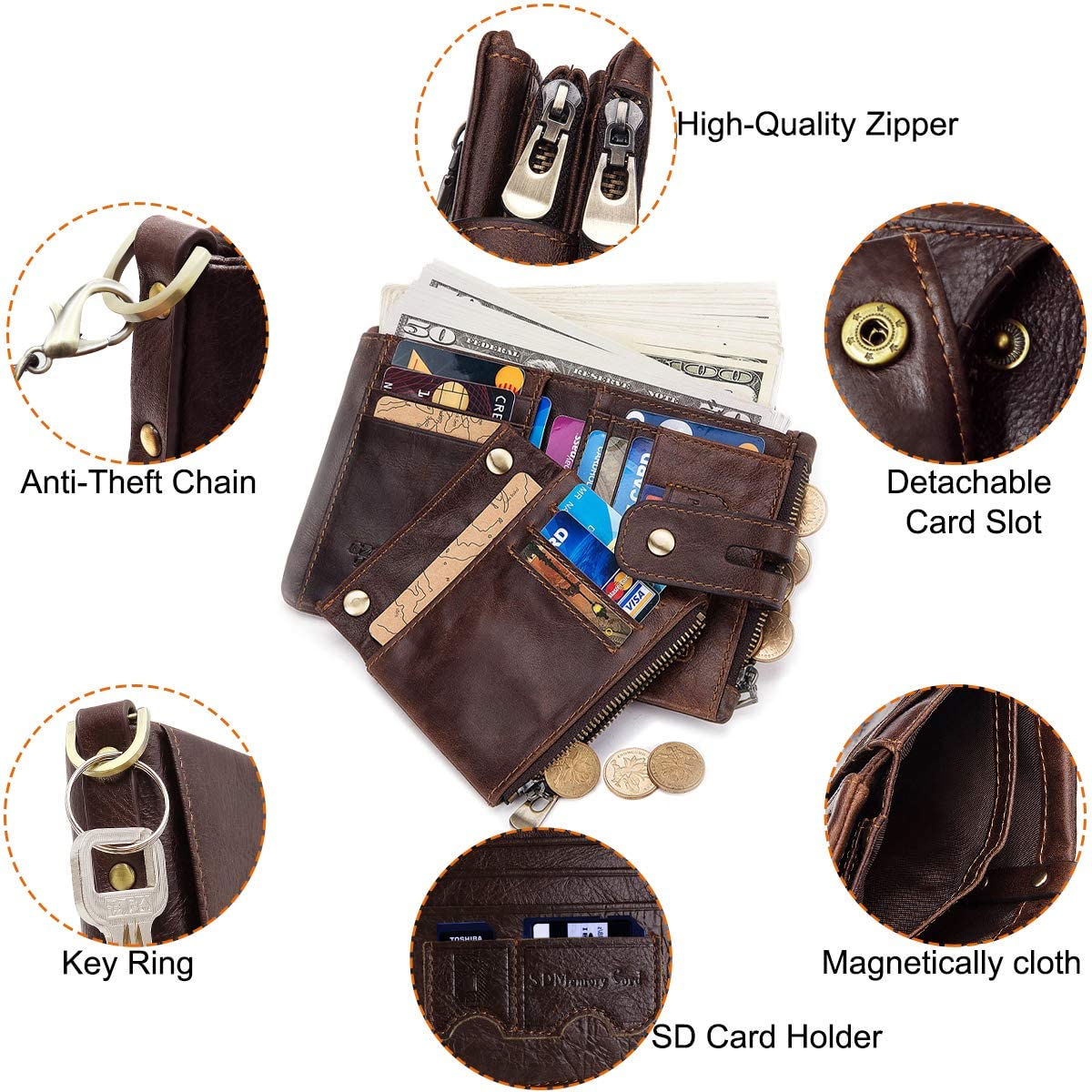 REETEE Mens Wallet RFID Blocking Men's Genuine Leather Wallet and Zipper Coin Pocket Bifold Purse with Chain 16 Credit Card Holder Genuine Leather Gents Wallets Slim Purse (Coffee) - Image 4