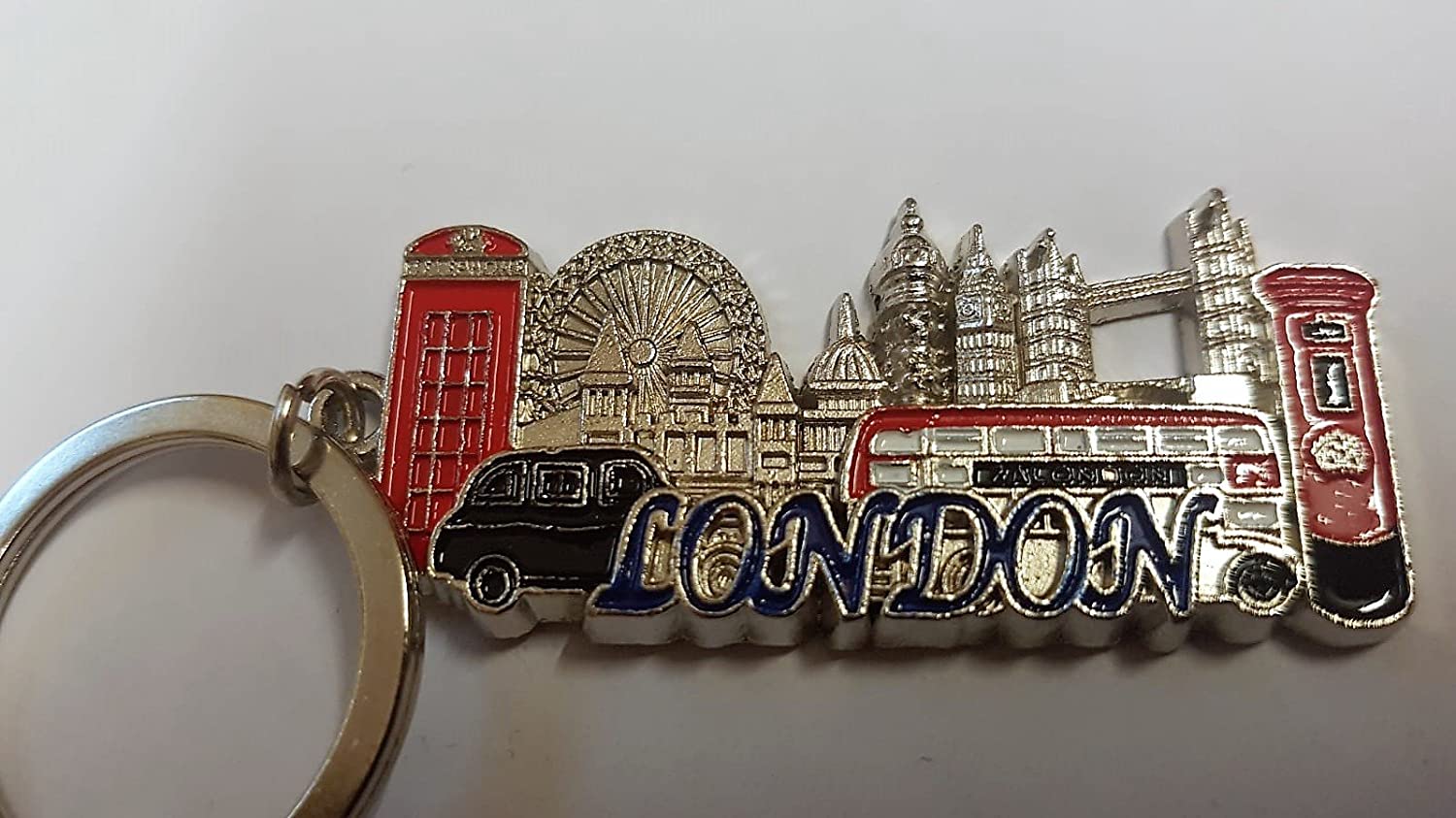 London Silver Coloured Metal Key Chain/Ring/Word in Blue/Icons/Red Phone Box/Double Decker Bus/Post/Black Taxi/Tower Bridge/St. Paul's/Eye/UK Keychain Souvenir/British Keyring - Image 2