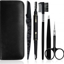 Gibot Eyebrow Set, 5pcs Stainless Steel Eyebrow Grooming Kit with Tweezers, Scissors, Eyebrow Brush Comb, Eyebrow Pencil, Razor and Travel Case for Women and Men, Black