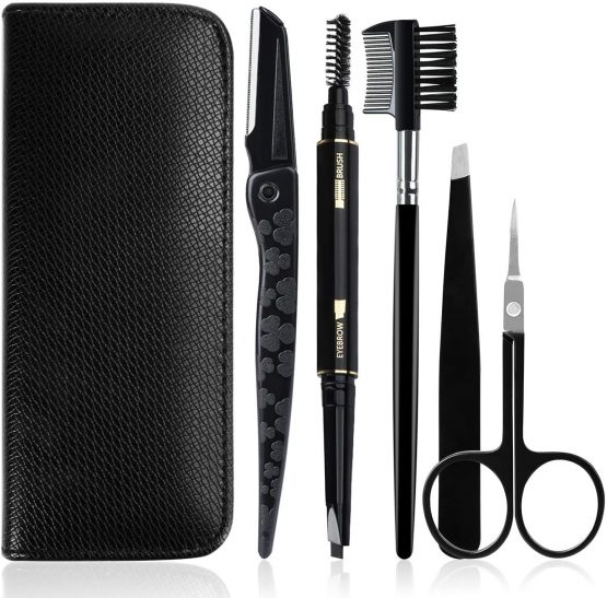 Gibot Eyebrow Set, 5pcs Stainless Steel Eyebrow Grooming Kit with Tweezers, Scissors, Eyebrow Brush Comb, Eyebrow Pencil, Razor and Travel Case for Women and Men, Black