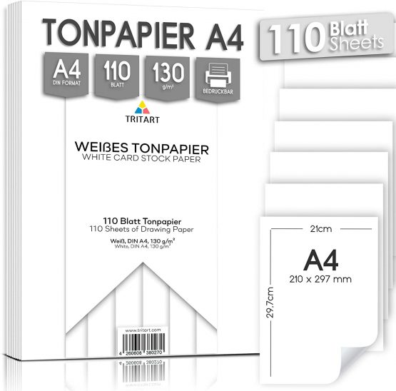 Tritart 110 White Paper Pack for Crafting A4 130 g/m² - Non-Toxic and Smooth Textured A4 Coloured Card - Craft Cards