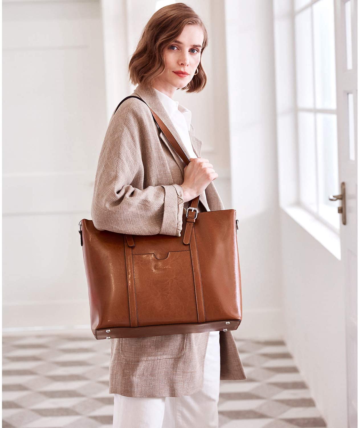 BOSTANTEN Womens Genuine Leather Handbags Large Capacity Vintage Top-Handle Tote Bag Casual 15.6 inch laptop Shoulder Bags Brown - Image 2