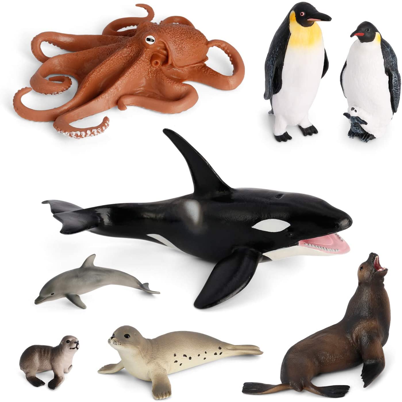Volnau Sea Creature Toys 8PCS Antarctica Ocean Animal Figurines for Toddlers Kids Sea Life Toy Pack Preschool and Bath Plastic Fish Toy Penguin Killer Whale Decorations Figures Set