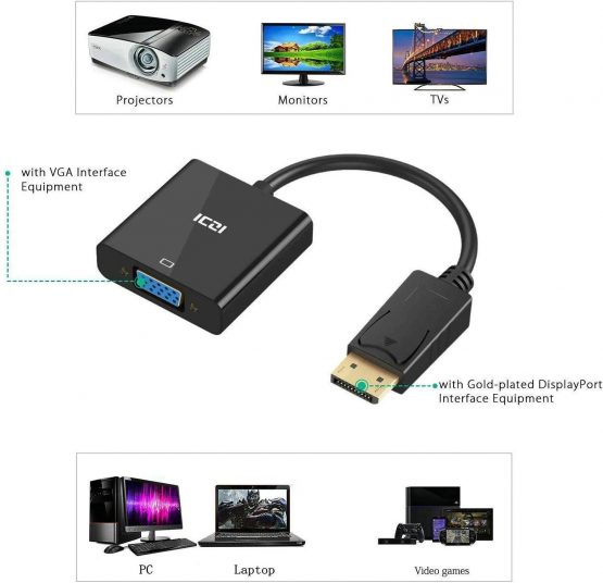 DisplayPort DP to VGA Adapter, ICZI Gold-Plated DP to VGA (Male to Female) For PC, Laptop, Monitor and Projector Black - Image 3