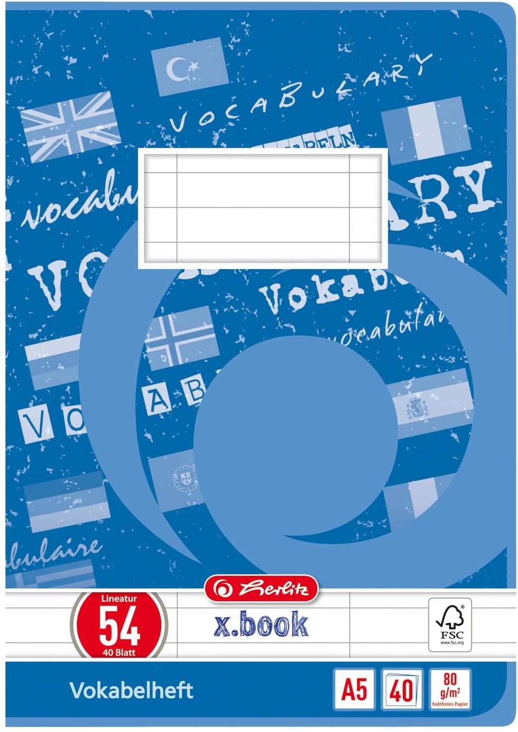 Herlitz Vocabulary Book A6 60 Sheets FSC Mix A5, 40 Sheets, Ruling 54 a4, White