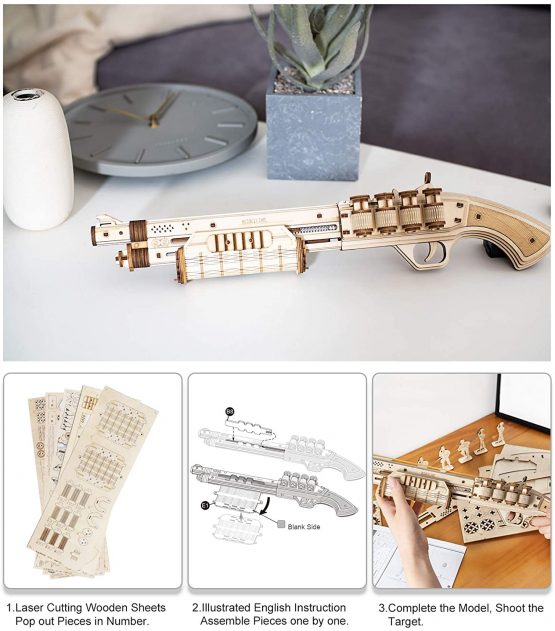 ROBOTIME Wooden Model Kits for Adults Rubber Band Gun 3D Puzzle - TERMINATOR M870 Mechanical Building Construction Wooden Jigsaw Sets - Image 3