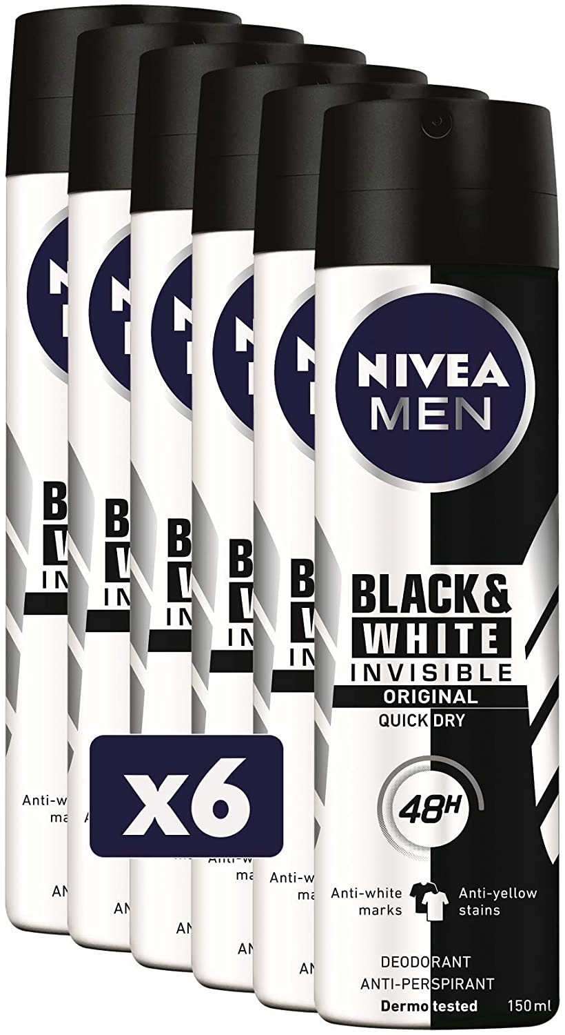NIVEA Men Black & White Invisible Original Spray 6 x 150 ml, Men's Deodorant 72h