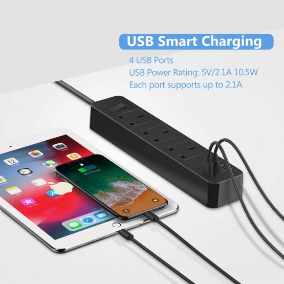 JSVER Extension Lead with 4 USB Ports Desktop Power Strip Smart Charging Station 3 Outlets Surge Protection for Home Travel, Black - Image 4