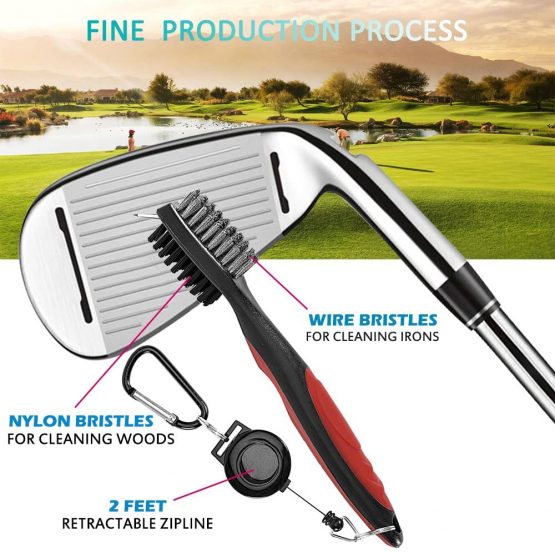 SENHAI 3 Pieces Golf Club Brushes Groove Cleaners, Metal and PP Bristles Spike Cleaning Tool, with 2 Ft Retractable Zip-line Aluminum Carabiner, Easily Attach to Golf Bag - Image 3