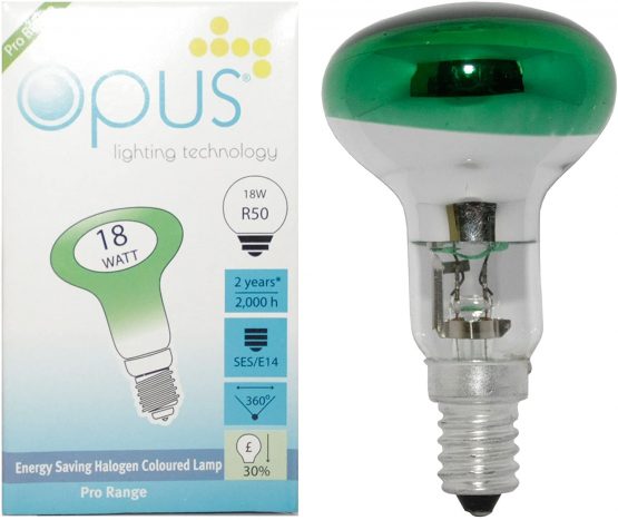 R50 Reflector Green Coloured 18 Watt = 25 Watt Halogen Energy Saving Light Bulb Ses E14 Small Screw Cap Lamp