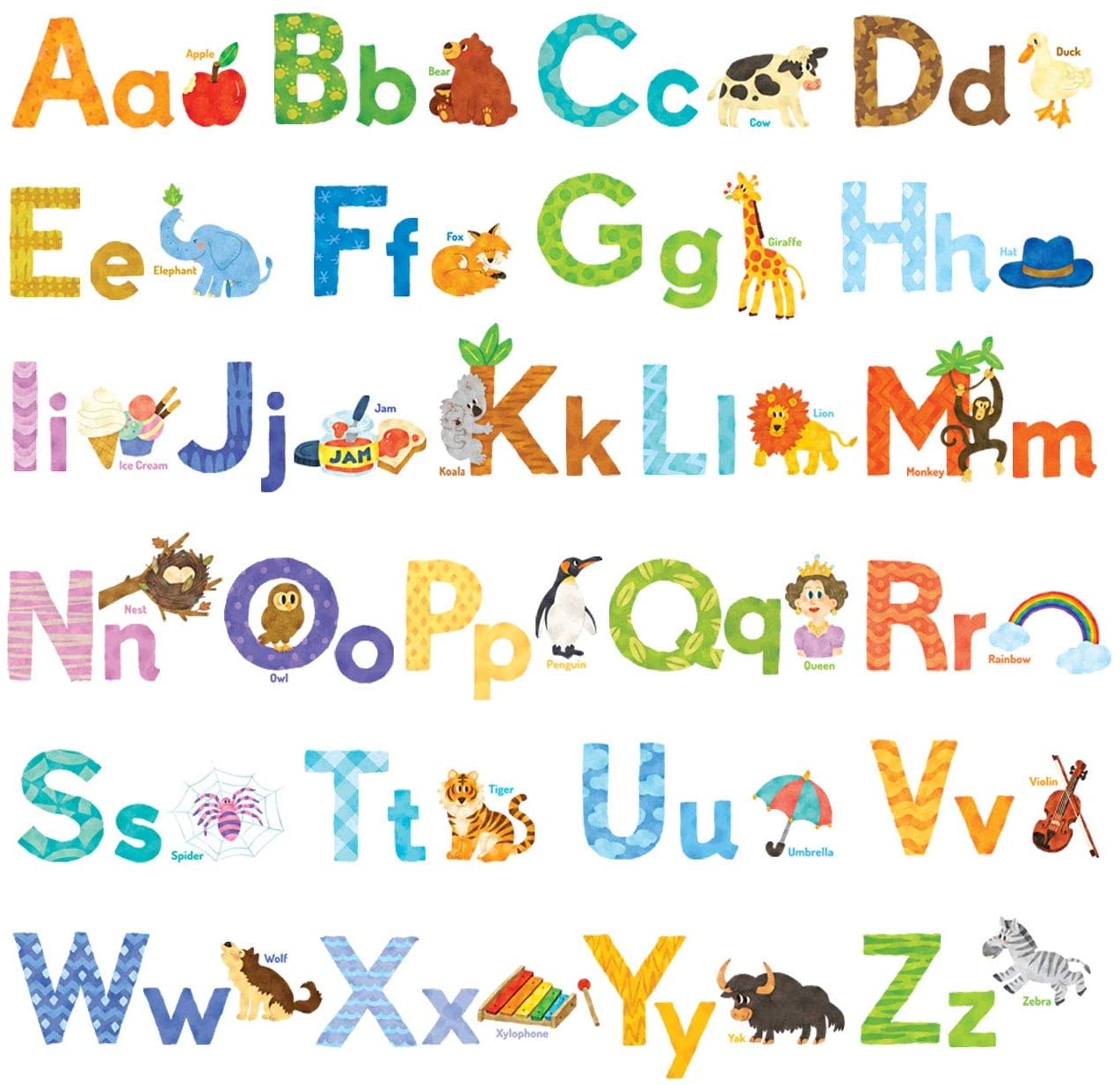 DECOWALL DS8-1608S Colorful Animal Alphabet ABC Kids Wall Stickers Peel and Stick Decals Removable Nursery Bedroom Living Room Art Murals