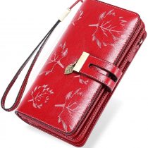 LUROON Ladies Purse RFID Blocking Women Purses Large Capacity Ladies Leather Wallets with 24 Credit Card Slots, Ladies Clutch Long Wallet with Zipper Pocket & Wrist Strap (Red 02)