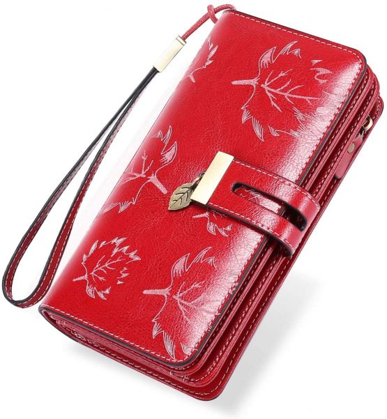 LUROON Ladies Purse RFID Blocking Women Purses Large Capacity Ladies Leather Wallets with 24 Credit Card Slots, Ladies Clutch Long Wallet with Zipper Pocket & Wrist Strap (Red 02)