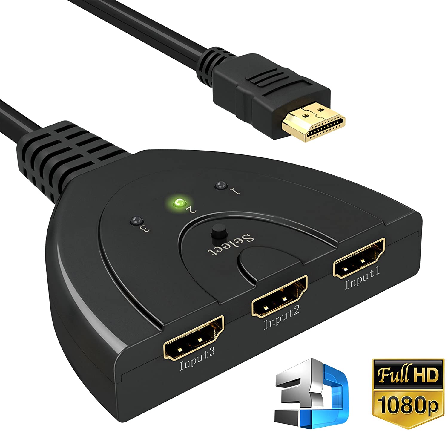 HDMI Switch, GANA Gold Plated 3-Port HD MI Switcher/HDMI Splitter/Supports Full HD1080p/3D with High Speed Cable