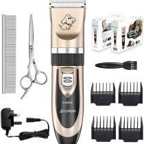 Everesta Dog clippers, Low Noise Rechargeable Cordless Pet Dogs and Cats Electric Grooming Clippers Kit with Shears and Comb (Gold+Black)