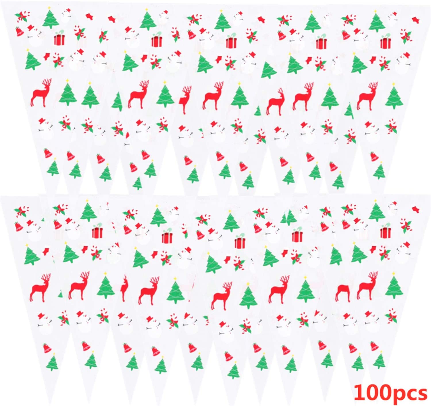 HONGCI 100Pcs Christmas Patterned Cone Cellophane Bags with 100Pcs Twist Ties,Cellophane Cone Plastic Cone Bags,Treat Candy Bags for Christmas Party Festival Favor - Image 3