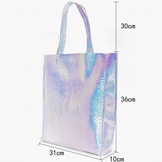 AiSi Womens Holographic Tote Bag PU Shoulder Shopping Handbag，Silver - Image 2