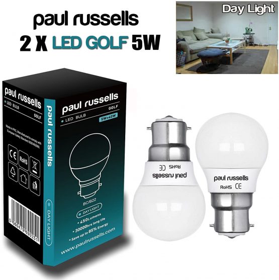 2 Pack 5W Golf LED Light Bulbs B22 BC Bayonet Paul Russells Bright 5W=40W G45 Small Globe Ball 270 Beam Lamp Day Light (6500K) 40W Incandescent Replacement - Image 2