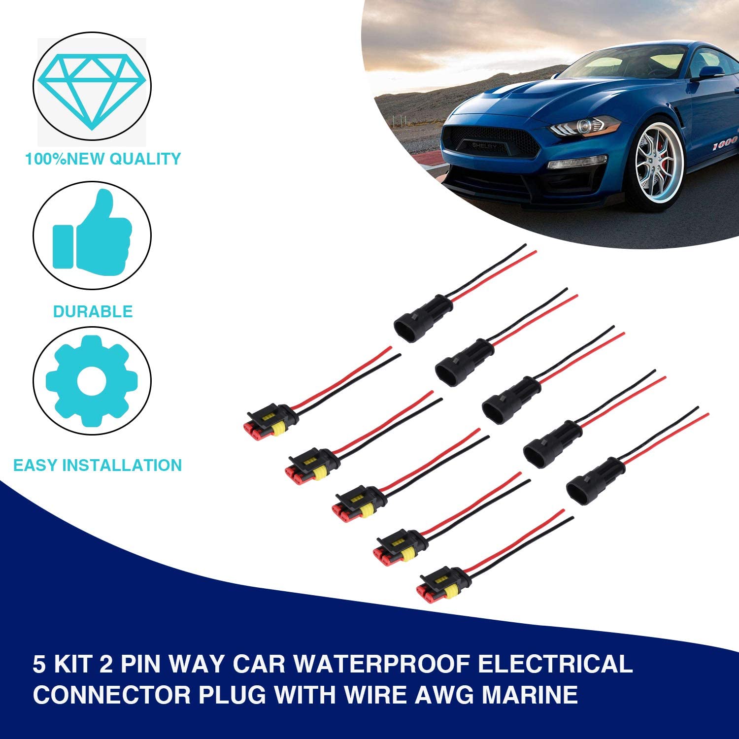 moinkerin 5 Pieces Waterproof Electrical Connectors for Car 2 Pin Male and Female Plug IP67 Wired AWG Gauge for Boats Motorbikes - Image 3