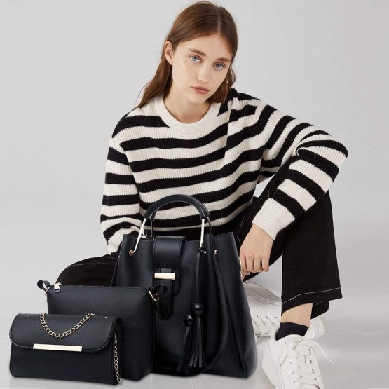 NICOLE&DORIS Women Handbags 3 Pcs Bags for Ladies Chain Bag Totes Top-Handles Shoulder Bags Black - Image 2