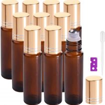 Essential Oil Roller Bottles - 10 Pcs, 10ml Refillable Amber Glass Roll on Bottles with Golden Lids by Yalbdopo, 12 Pcs Labels, Dropper & Opener Included - Perfect for Fragrance, Lotion, Aromatherapy