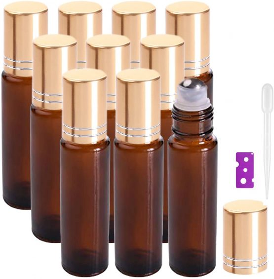 Essential Oil Roller Bottles - 10 Pcs, 10ml Refillable Amber Glass Roll on Bottles with Golden Lids by Yalbdopo, 12 Pcs Labels, Dropper & Opener Included - Perfect for Fragrance, Lotion, Aromatherapy