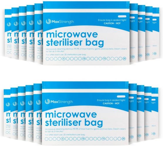 Microwave Steriliser Bags Premium 10pc Pack by Max Strength, Large & Durable Steam Bags for Baby Bottles, Soothers, Teethers & Training Cups, 20 Uses Per Bag, Marking System, Chemical Free & Safe Zone