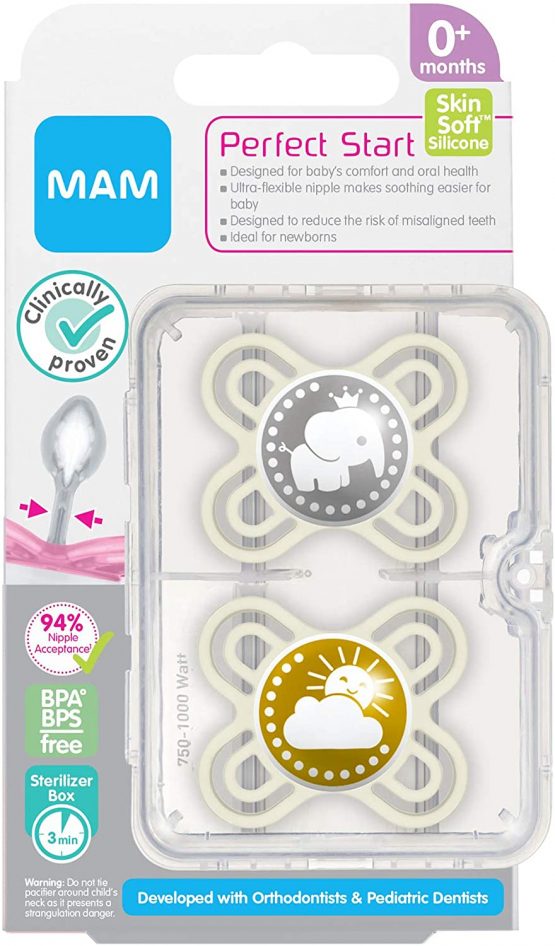 MAM Perfect Soothers 0-2 Months (Pack of 2), Thinner and Softer Baby Soothers with Self Sterilising Travel Case, Newborn Essentials, Green/White (Designs May Vary) - Image 4