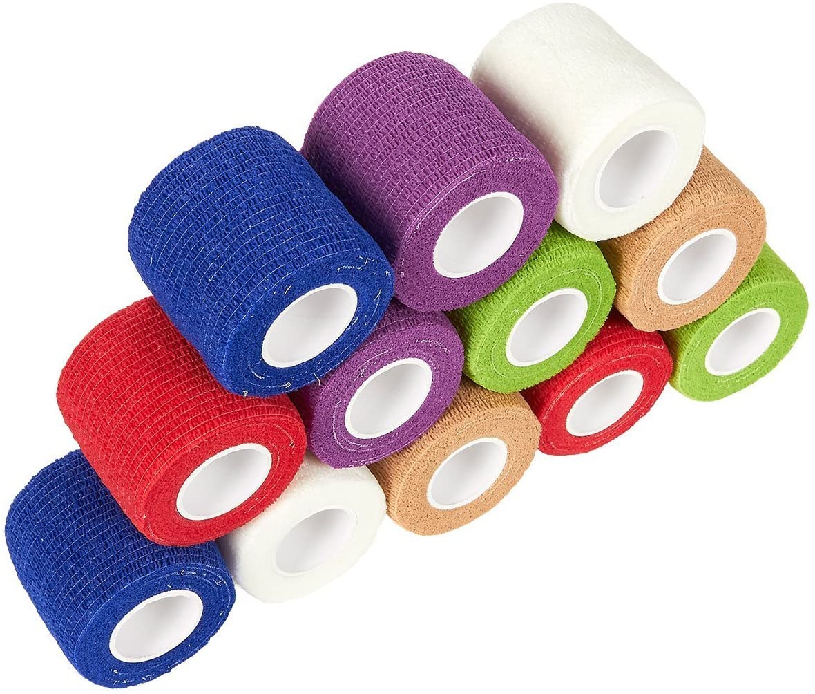 12 Pack Self Adherent Cohesive Bandages for Sports Travel First Aid Kit, Vet Wrap for Horses Dogs, 5 cm x 1.8 Metres, 6 Colours