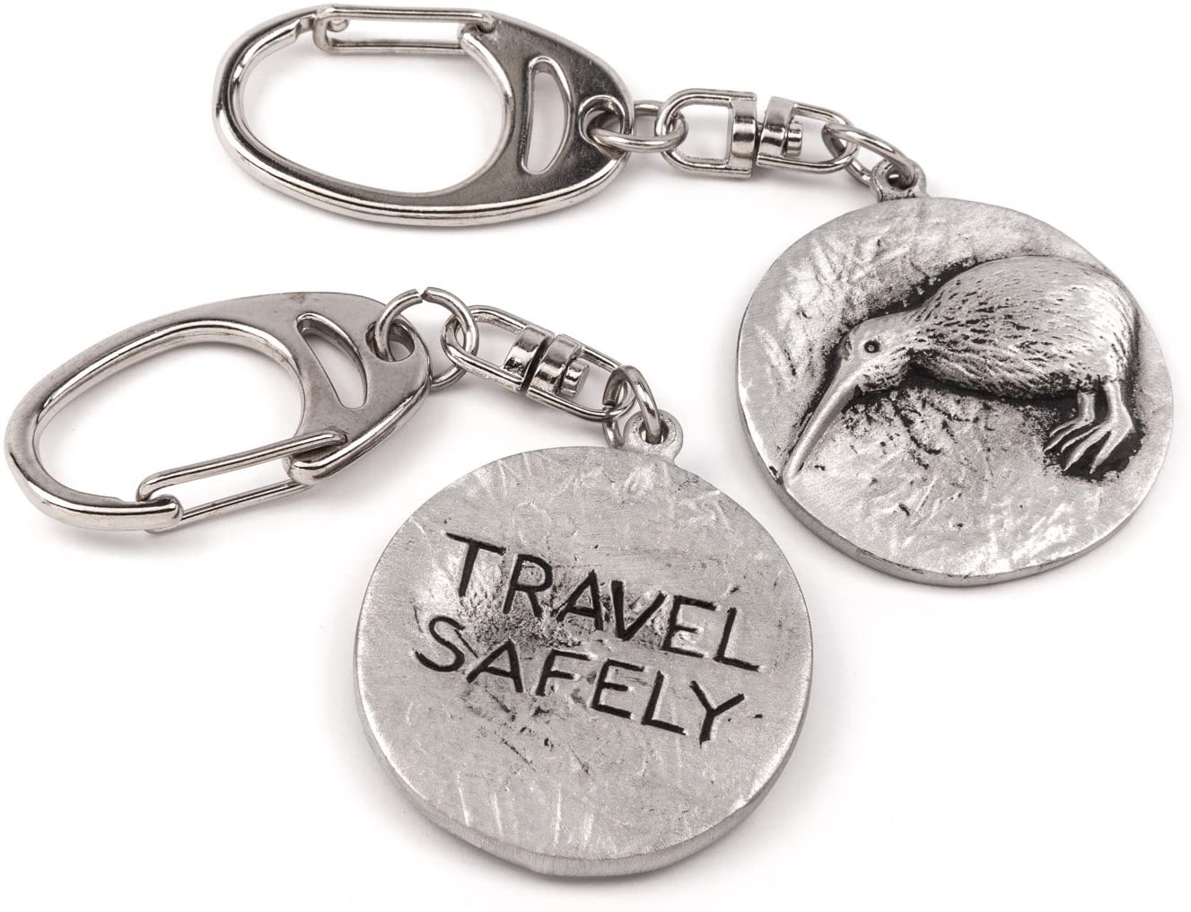 New Zealand/Kiwi bird 'Travel Safely' metal keyring for travellers Gift, Silver Grey