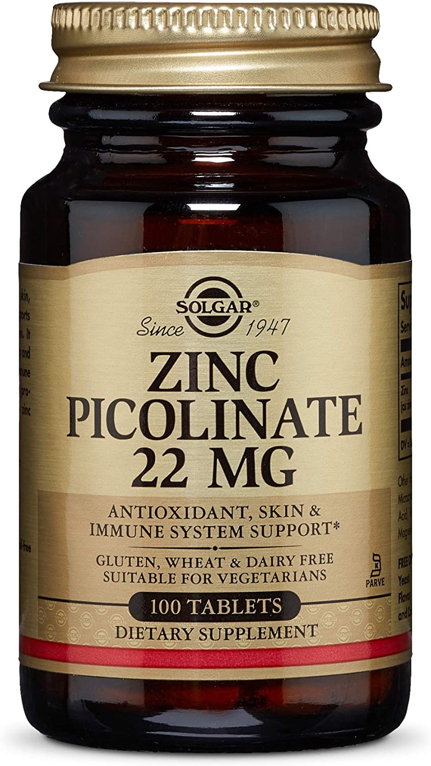 Solgar Zinc Picolinate 22 Mg Tablets, Healthy Skin, Hair and Nails, Highly absorbable Premium Form, Easy to Swallow, Vegan