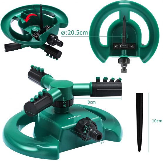 WISDOMWELL Wisdom Garden Sprinkler Automatic Lawn Water Sprinkler 360 Degree 3 Arm Rotating Sprinkler System for Watering Your Lawn Plants Flowers Veggies and More (1Sprinkler and double-pass) - Image 2