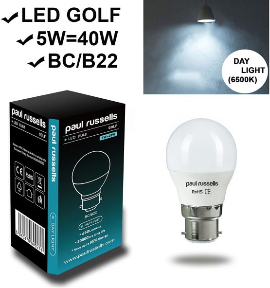2 Pack 5W Golf LED Light Bulbs B22 BC Bayonet Paul Russells Bright 5W=40W G45 Small Globe Ball 270 Beam Lamp Day Light (6500K) 40W Incandescent Replacement - Image 3