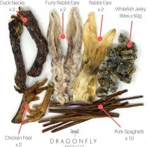 Dragonfly Products Variety Natural Easy Chew Treat Pack: Tripe Sticks, Rabbit Ears, Braided Lamb Gullet, Chicken Feet, Fish Skin Thins, Beef Lung (Easy Chew Pack)