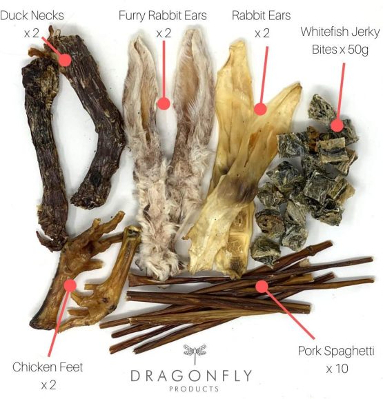 Dragonfly Products Variety Natural Easy Chew Treat Pack: Tripe Sticks, Rabbit Ears, Braided Lamb Gullet, Chicken Feet, Fish Skin Thins, Beef Lung (Easy Chew Pack)