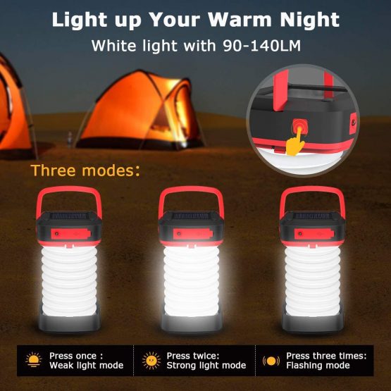 Camping Lantern, GlobaLink LED Rechargeable Camping Light, Solar/USB Powered Collapsible Tent Light with First-Aid Whistle, Camping Lamp for Outdoor Hiking Tent Garden, Emergency Charger for Phone - Image 3