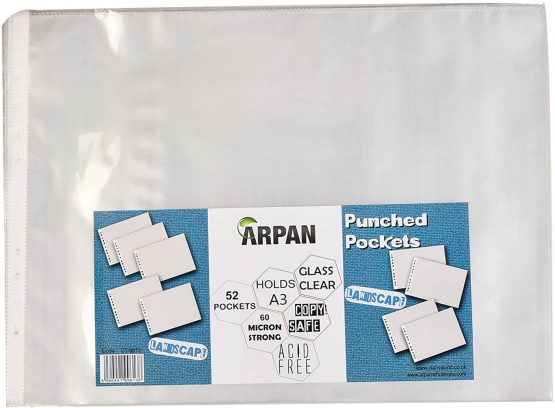 Punch Pockets A3 Size Landscape Acid Free 60 Micron Strong Glass Clear Plastic Poly Pockets Wallet Sleeves (Pack of 52)