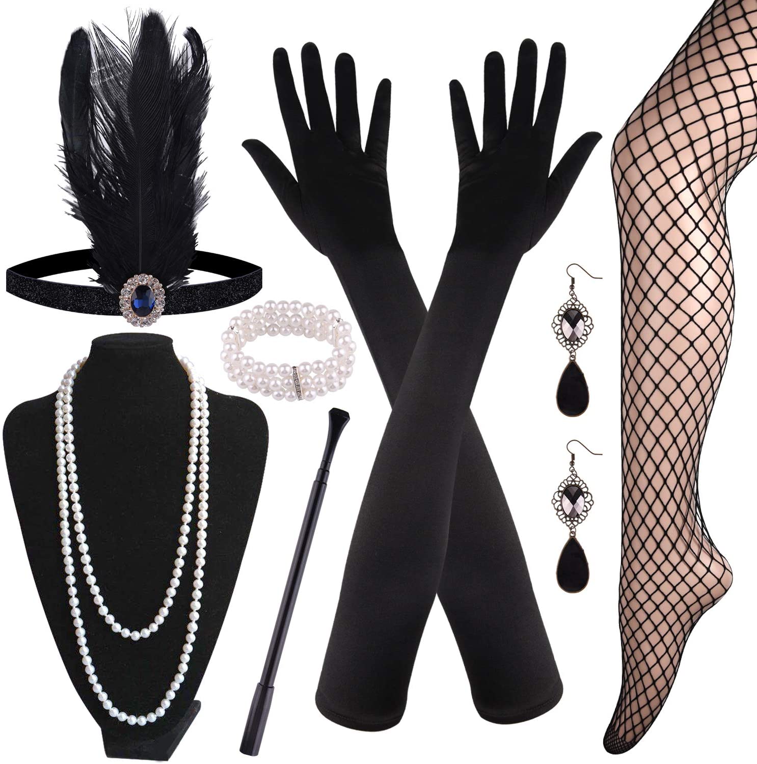 FEPITO 9 Pcs 1920s Set of Accessories Flap Headband Necklace Earrings Long Black Gloves Fishnet Tights Large Gatsby Accessories for Women (Set C)