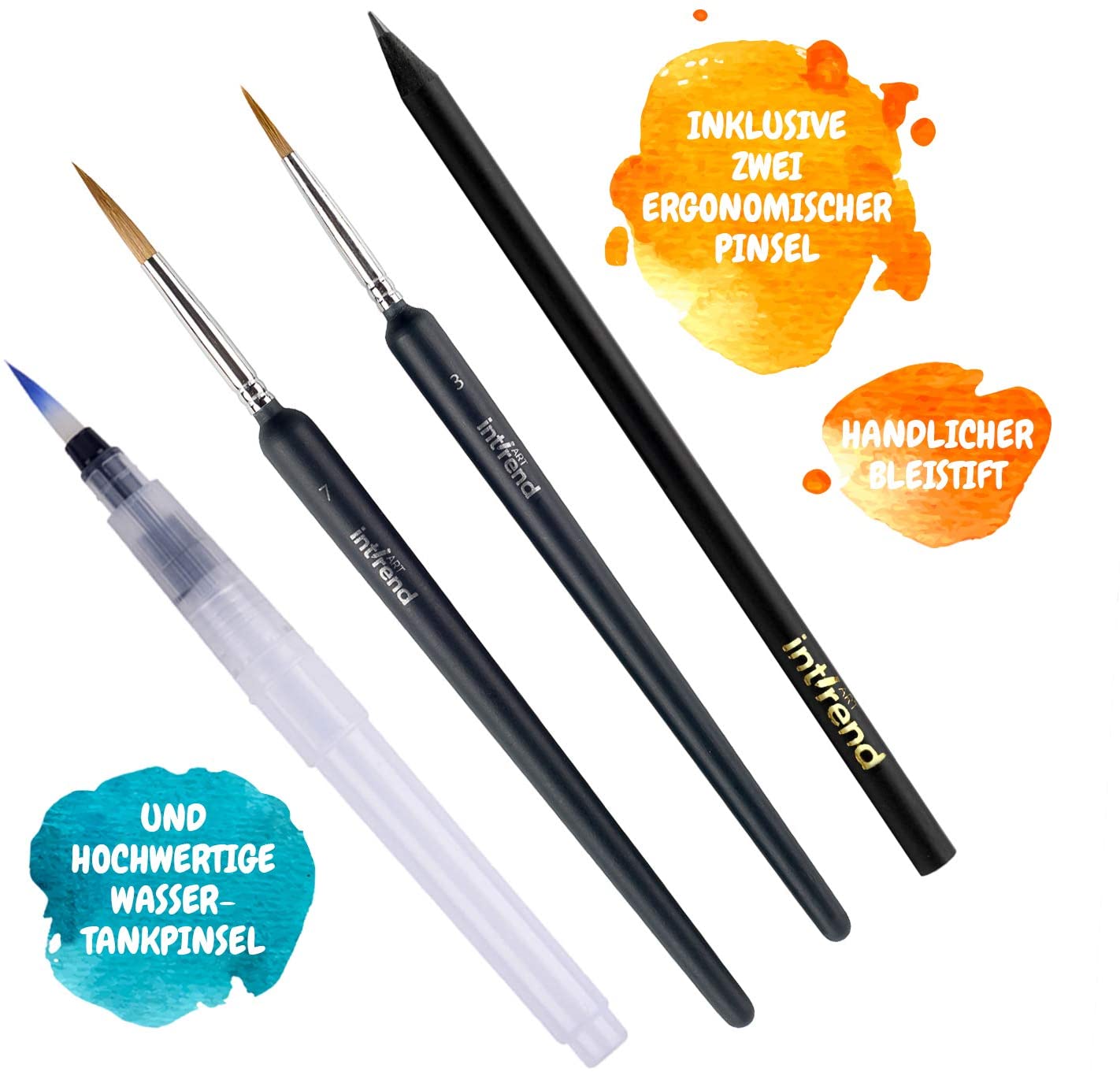 int!rend Watercolour Paper DIN A4 300gsm, 30 White Glued Painting Paper + Water Tank Brush + 2 Brushes + Pencil - Image 3