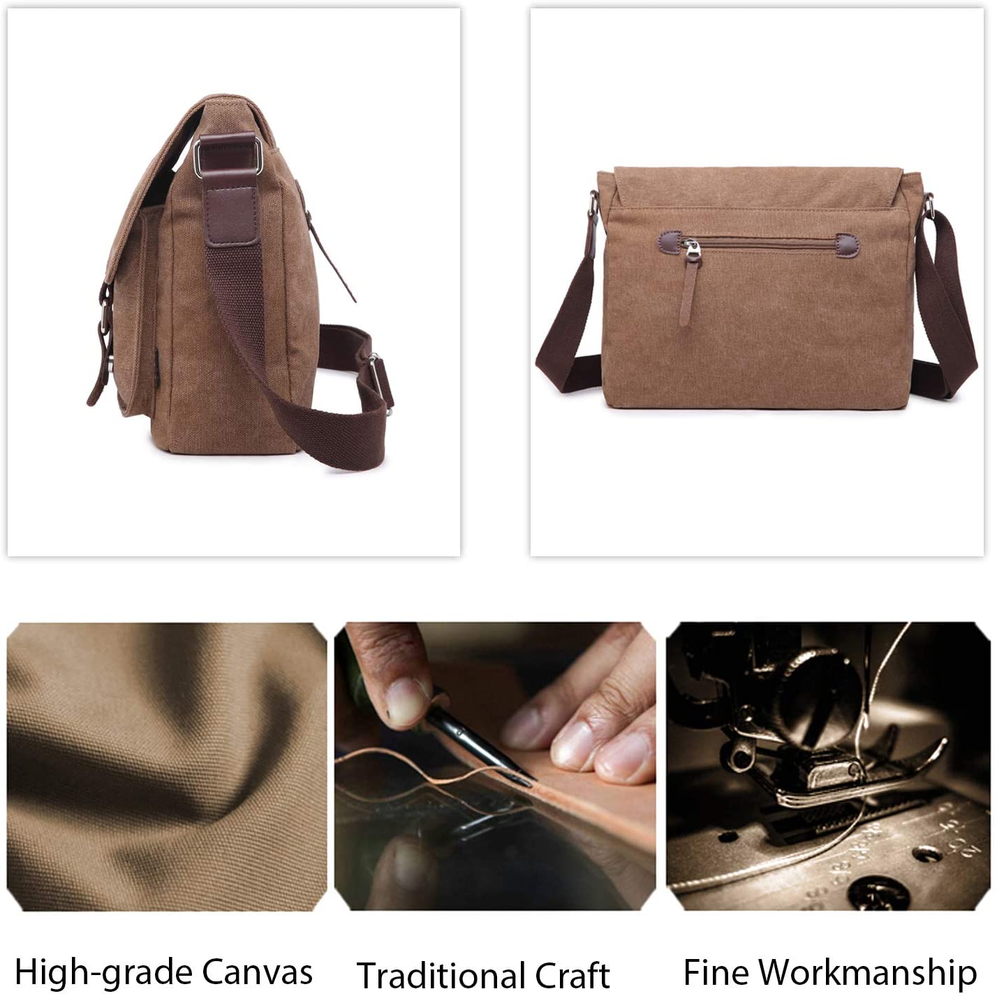 FANDARE Vintage Crossbody Bag Unisex Canvas Messenger Bag 7.9 inch Tablet Satchel Bag Travel Shoulder Bag Working Bag Bookbag Briefcase for Men and Women Brown - Image 4